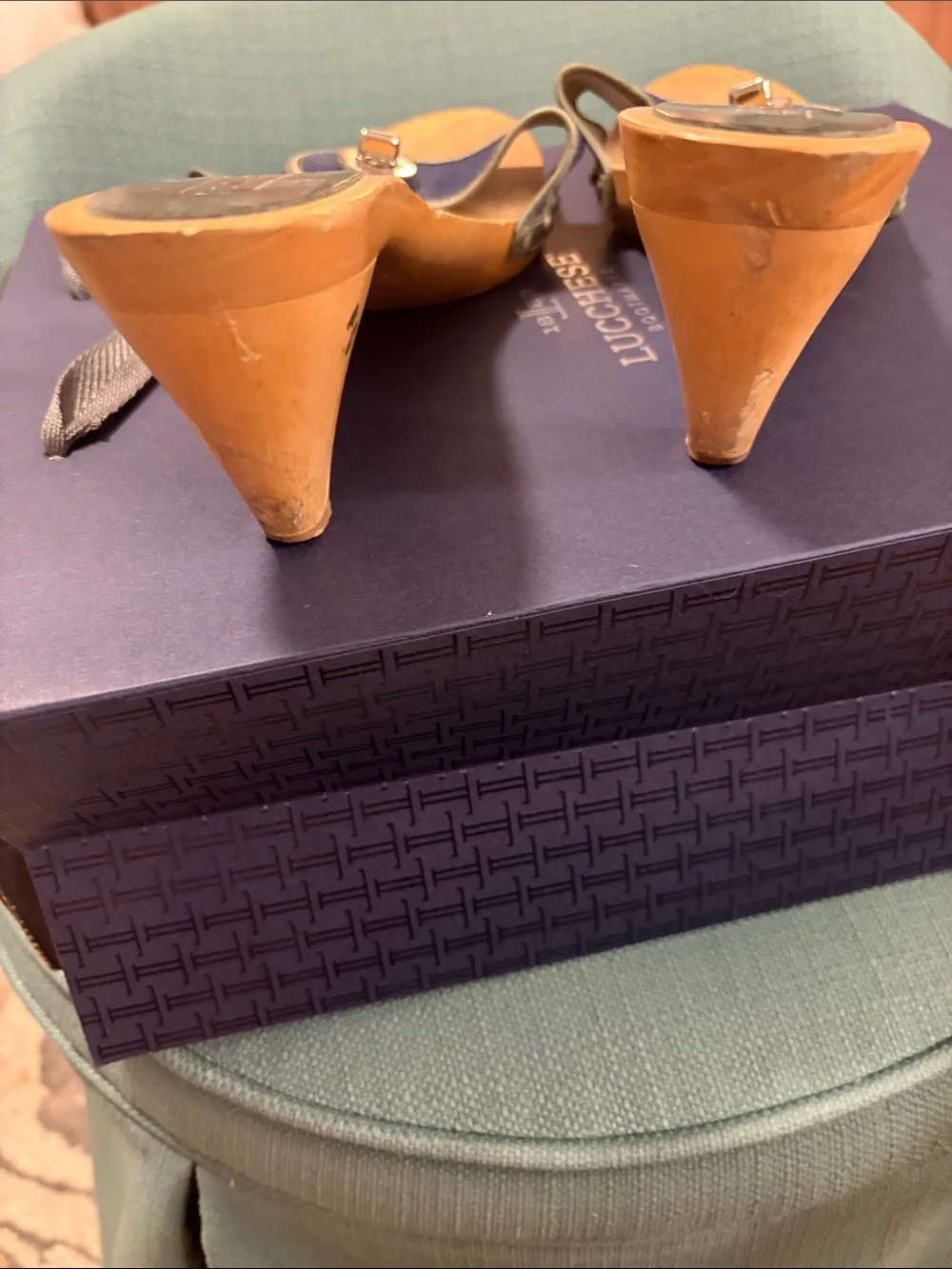 Coach Navy Blue Leather Wood-Soled Slide Mules with Silver Logo